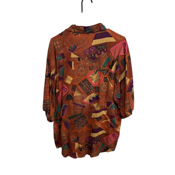 Vintage Morgan Square Button Front Blouse Brown Multi 22W/42 Geometric Print - Picture 2 of 9